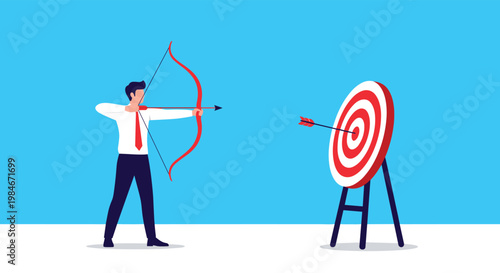 Focused businessman accurately shooting an arrow from a bow directly at a red and white target, symbolizing precise goal achievement, strategic aim, and successful business execution.