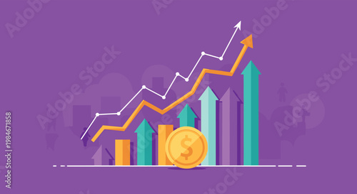 Financial growth chart with rising bars, upward arrows, and a prominent dollar coin, illustrating economic success, investment, and market trends.