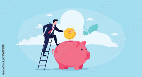 Businessman on ladder depositing golden coin into piggy bank, symbolizing personal savings, smart financial planning, and long-term investment.