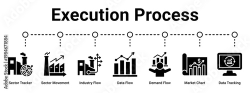 Execution Process web banner icon vector illustration concept for business with icon of Sector Tracker, Sector Movement, Industry Flow, Data Flow, Demand Flow, Market Chart.