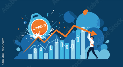 Heavy weight labeled "COVID-19" crashing into a business graph, causing a sharp downward trend, illustrating the severe economic impact and crisis.