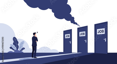Thoughtful businessman standing before three identical doors labeled "JOB" with a questioning expression, symbolizing difficult career choices and uncertainty.