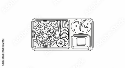 Top view of a meal tray with rice, vegetables, and a small dish