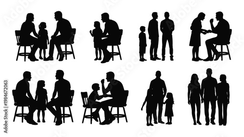 A collection of black silhouette figures depicting families and individuals in various seated and standing poses
