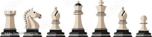 Chess Pieces Vector Set Including Rook, Knight, Bishop, Queen, King, and Pawn for Board Game, Strategy, and Educational Designs