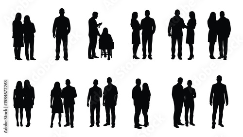 Silhouettes of diverse groups of people interacting including couples and small gatherings high quality professional detailed