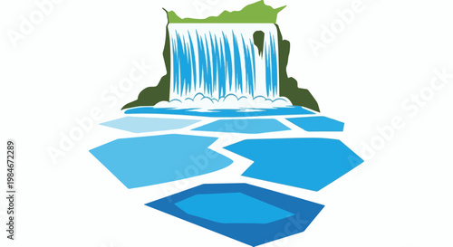 Stylized waterfall cascades onto fragmented ice floes, surrounded by green terrain