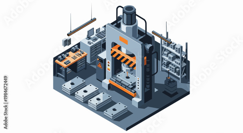 Industrial Heavy Duty Hydraulic Press Machine in Metal Manufacturing Workshop Isometric Illustration