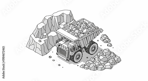 Isometric Line Art Illustration of a Heavy Mining Dump Truck Loaded with Rocks, Industrial Quarry Excavation and Construction Machinery Concept