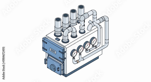 Isometric Industrial Boiler Illustration with Pressure Gauges, Pipes, and Exhaust Stacks for Engineering and Manufacturing Concept