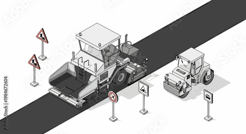 Isometric Road Construction Illustration Featuring Asphalt Paver, Steamroller, and Highway Infrastructure