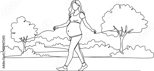 Continuous one line of a pregnant woman walking in a park, active maternity lifestyle vector design representing wellness and daily movement, mother's day, and love.
