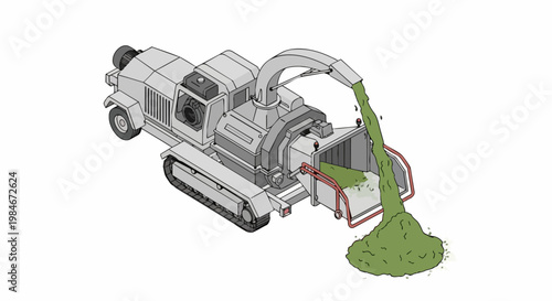 Isometric Wood Chipper and Forage Harvester Machine Illustration, Industrial Shredder Forestry Equipment for Biomass and Mulch Production Isolated on White