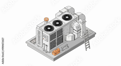Isometric HVAC System Maintenance and Repair Illustration with Tools