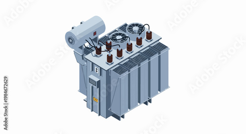 Isometric High Voltage Industrial Power Transformer Illustration Isolated on White