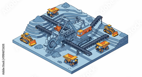 Isometric Open-Pit Mining Site Vector with Massive Bucket-Wheel Excavator, Heavy Duty Dump Trucks, and Bulldozers in Industrial Quarry Environment