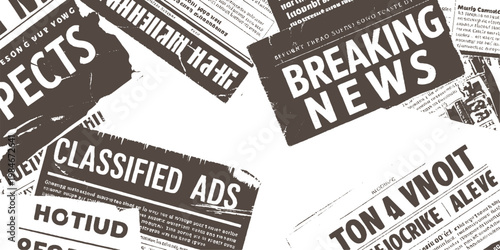 Collage of newspaper clippings with headlines like Breaking News Classified Ads and other text