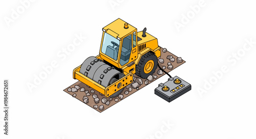 Isometric Yellow Road Roller Compactor with Remote Control Illustration