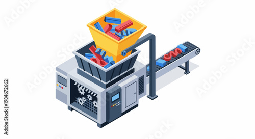 Isometric 3D Industrial Machine with Conveyor Belt and Raw Materials for Automated Production Process