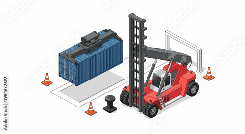 Isometric Reach Stacker Lifting Blue Shipping Container, Logistics and Cargo Handling Illustration