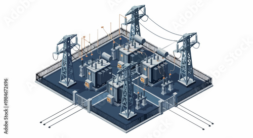 Isometric 3D Power Substation Illustration with High Voltage Transformers and Electric Grid Infrastructure on White Background