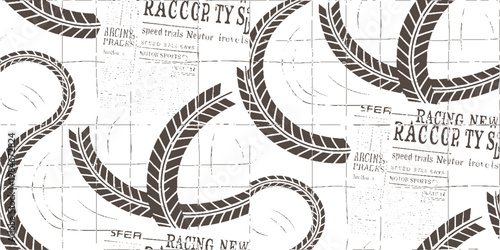 Repeating pattern of dark brown tire tracks and distressed newspaper clippings with racing text on a white background