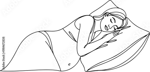 Continuous one line of a pregnant woman sleeping on her side with pillow support, restful maternity care vector concept symbolizing comfort and healthy sleep, mother's day, and love.