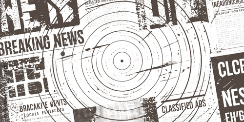 Grunge newspaper clippings with concentric circles and text fragments abstract brown