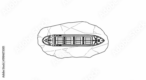 Top-down view of a cargo ship navigating through ice floes