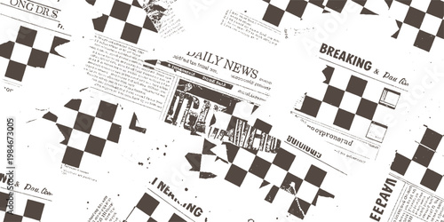 Scattered vintage newspaper fragments with checkerboard patterns and text print article