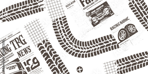 Dark brown tire tracks and grid patterns overlaying newspaper clippings with car and text tread grunge