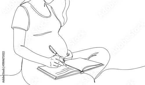 Continuous one line of a pregnant woman writing in pregnancy journal, reflective motherhood vector concept expressing memory keeping and emotional journey, mother's day, and love.
