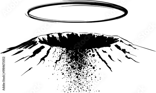 Black ink volcano crater with halo symbol white background, abstract concept