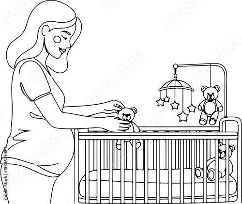 Continuous one line of a pregnant woman arranging baby crib toys, nursery preparation vector concept expressing anticipation and loving organization, mother's day, and love.