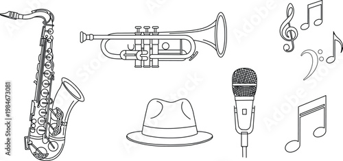 Musical instruments and accessories sketch saxophone trumpet microphone hat and more