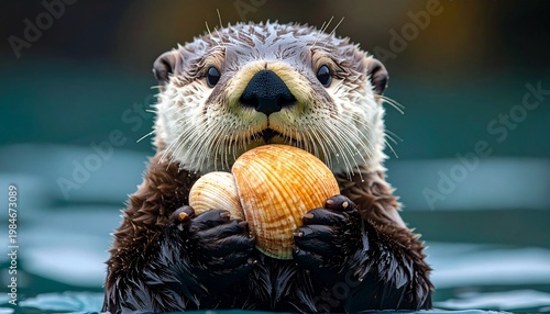 Adorable Sea Otter Enjoying a Shell in the Water.
