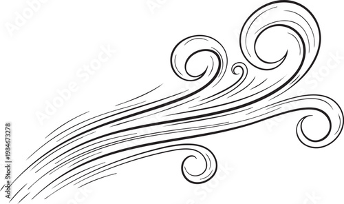 Stylized Black and White Wind Swirls and Flowing Air Currents Vector Illustration on White Background