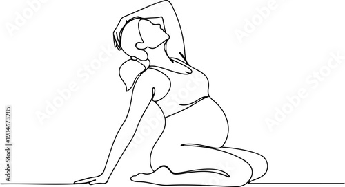 Continuous one line of a pregnant woman practicing prenatal yoga pose, graceful maternal wellness vector design symbolizing balance and healthy pregnancy, mother's day, and love.