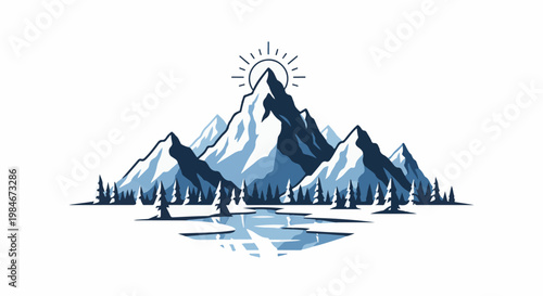 Stylized mountain range with sun and icy water, abstract