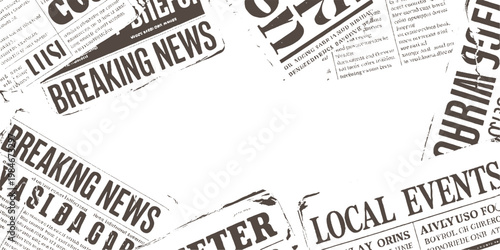 Overlapping newspaper pages with bold headlines and text in brown and white breaking local events