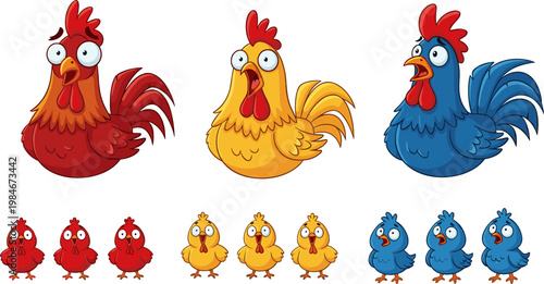 Cartoon Rooster with Funny Facial Expressions and Baby Chickens Vector Collection