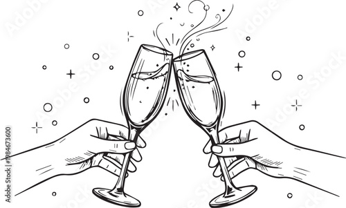 Hands clinking champagne flutes with bubbles, elegant black and white line art symbol of festive toast and joyful celebration