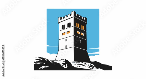 Tower on a rocky hill under a bright blue sky with clouds