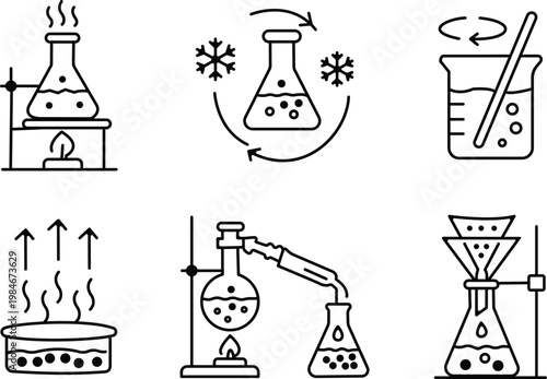 Hand drawn chemistry equipment icons flasks beakers and lab apparatus