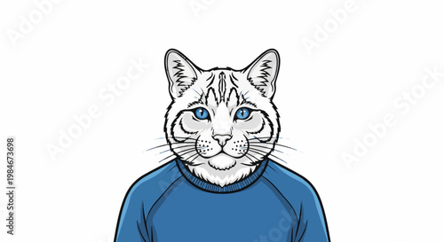 Stylized white cat with blue eyes, wearing a blue sweater