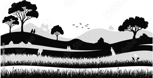 Bild auf Leinwand Peaceful Black and White Rural Countryside Silhouette with Trees, Hills, People