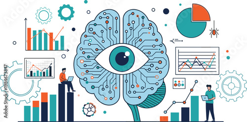 Artificial Intelligence Data Analysis Illustration with Digital Brain Eye, Machine Learning Analytics, Charts, and Business Intelligence Dashboard in Flat Vector Style