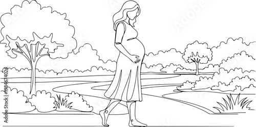 Continuous one line of a pregnant woman walking in a park, active maternity lifestyle vector design representing wellness and daily movement, mother's day, and love.
