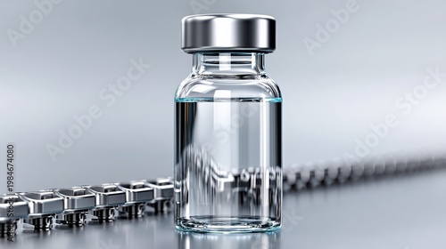 medical ampoule on sterile conveyor with clean pharma background