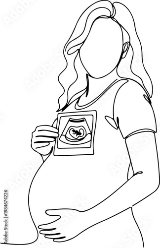 Continuous one line of a pregnant woman holding ultrasound photo and smiling, heartfelt prenatal memory vector design symbolizing joy and emotional connection, style hand drawing vector illustration.